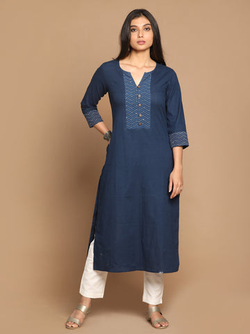 Indigo Pure cotton Straight Kurta with Zig Zag Hand Embroidery