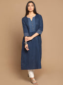 Indigo Hand Embroidered Straight Fit Kurta