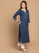 Indigo Hand Embroidered Straight Fit Kurta