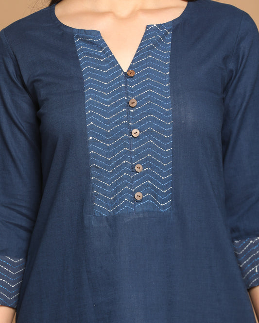 Indigo Pure cotton Straight Kurta with Zig Zag Hand Embroidery