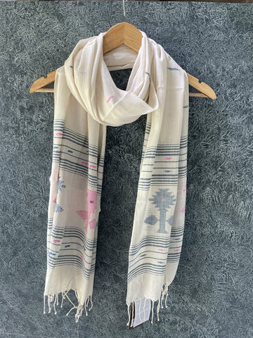 White Blue and Pink Buta Jamdani Stoles With Fringes