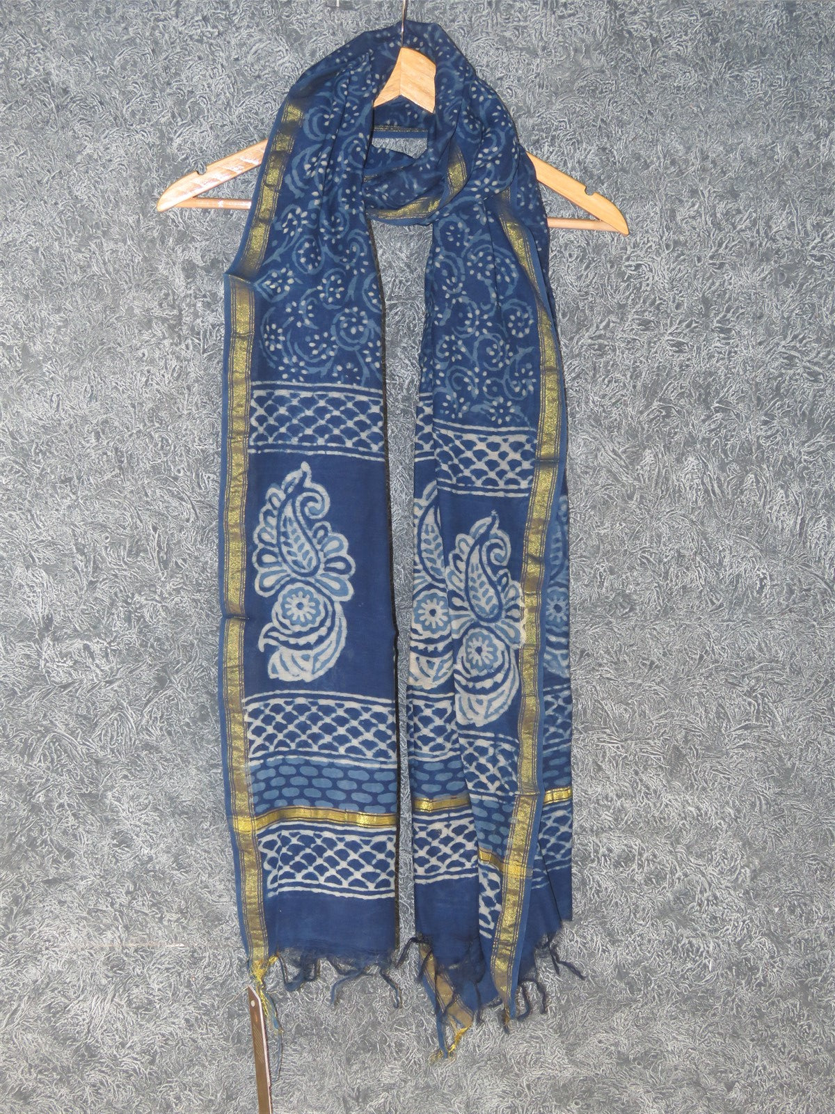 Indigo Chanderi  Dabu Print Dupatta with Fringes