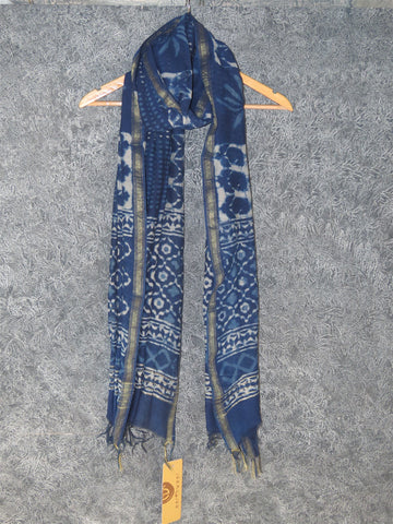 Indigo Chanderi  Dabu Print Dupatta with Fringes