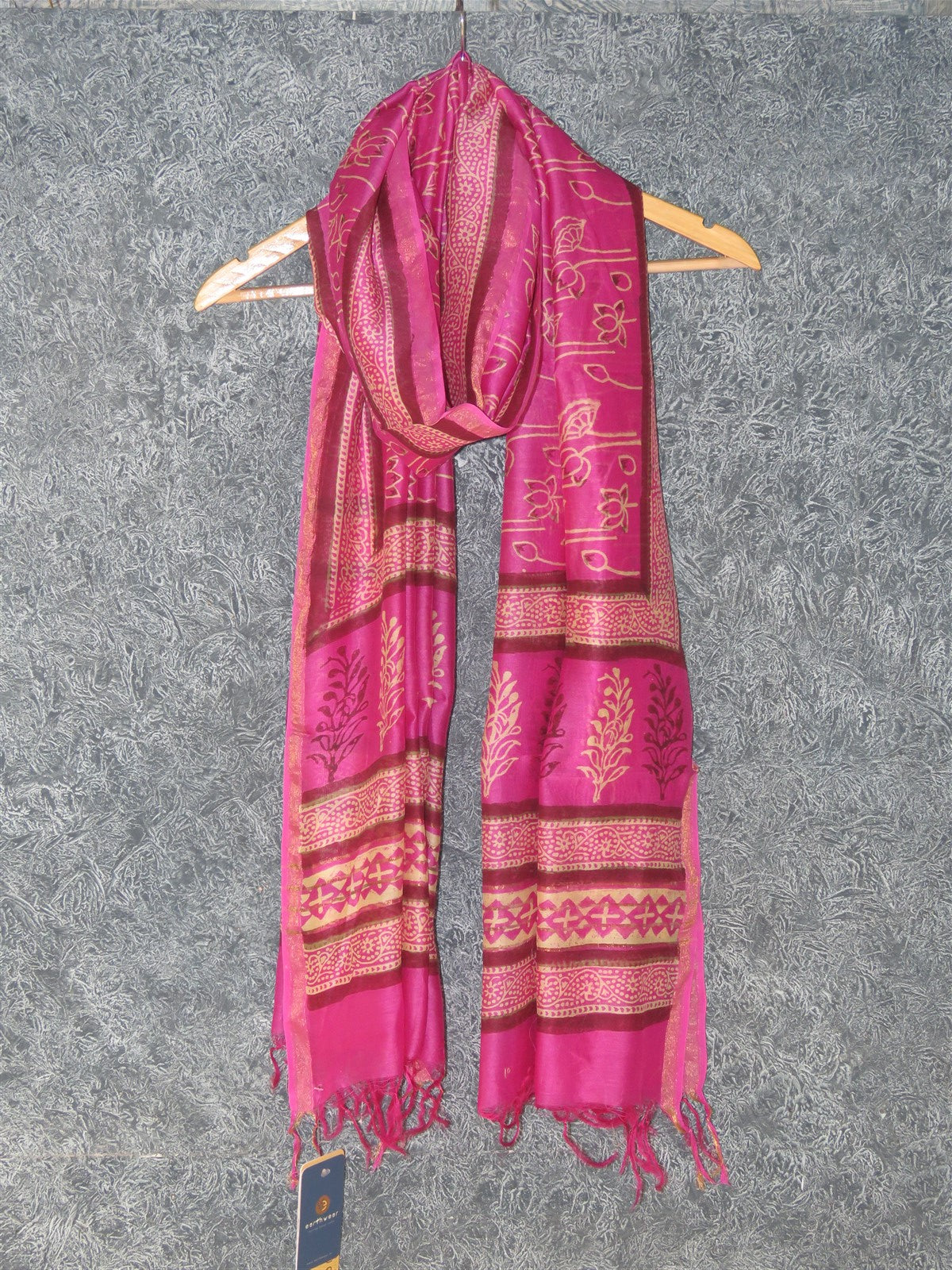 Fuschia Lotus Chanderi  Dabu Print Dupatta with Fringes