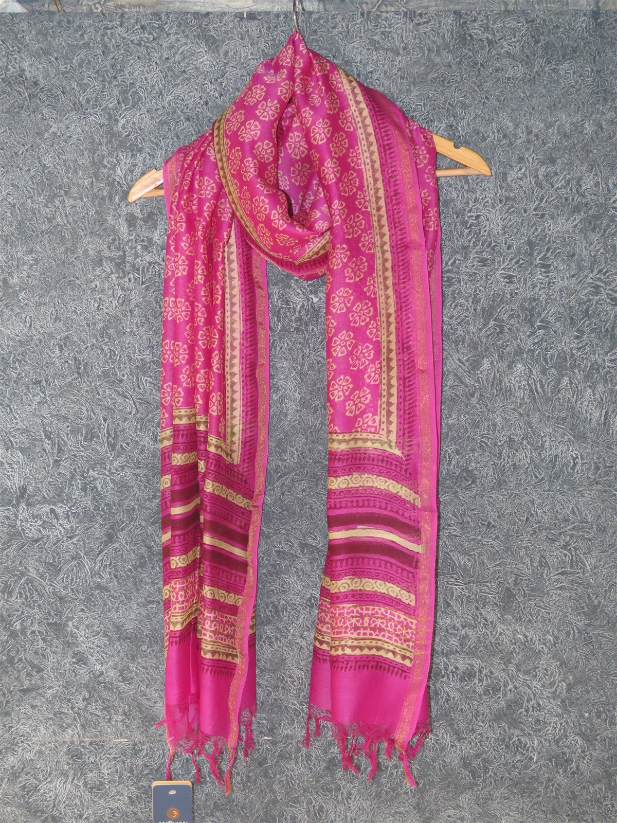 Fuschia Floral Chanderi  Dabu Print Dupatta with Fringes