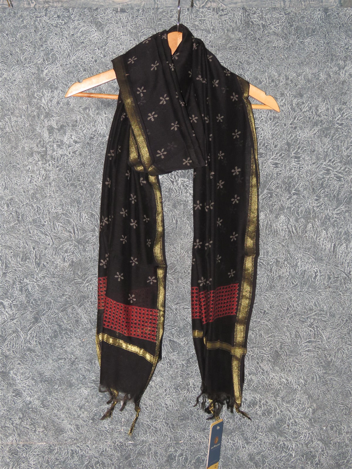 Black Floral Chanderi  Dabu Print Dupatta with Fringes