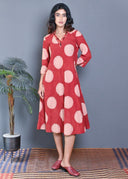 Red Ajrakh Block Printed Bias Dress With Kantha Embroidery All Over
