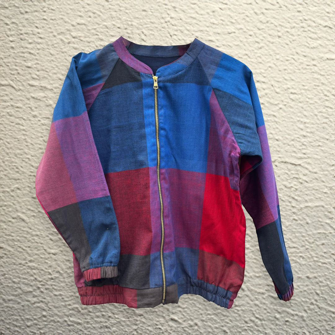 Red-Blue Handwoven Bomber Jacket With Zipper