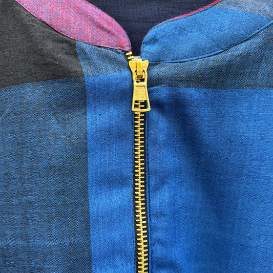 Red-Blue Handwoven Bomber Jacket With Zipper