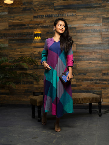 Pink-Green Khadi Checks Bias Dress With Kantha Hand Embroidery Detailing On Neck