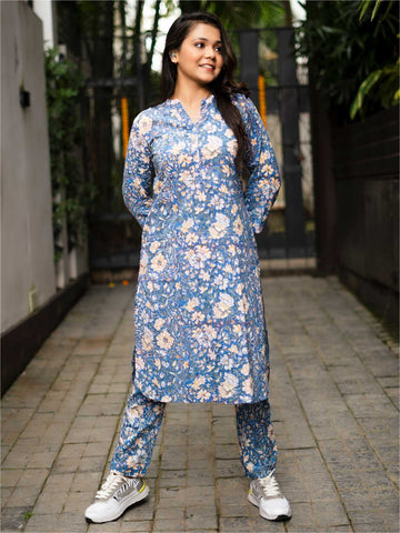 Blue Hand Block-Printed Cotton Rounded Hem Coordinated Set