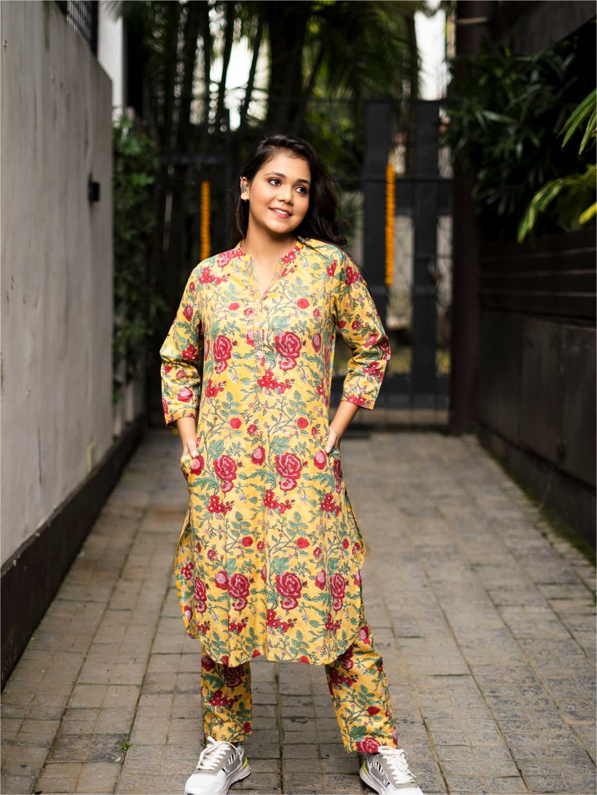 Yellow Hand Block-Printed Cotton Rounded Hem Coordinated Set