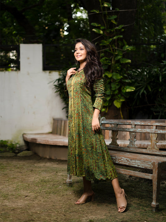 Green Ajrakh Block-Printed Modal Silk Long Dress