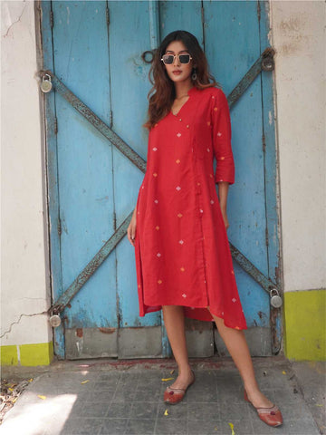 Red Jamdani High-Low dress With Three Wooden button detailing