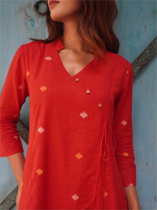 Red Jamdani High-Low dress With Three Wooden button detailing