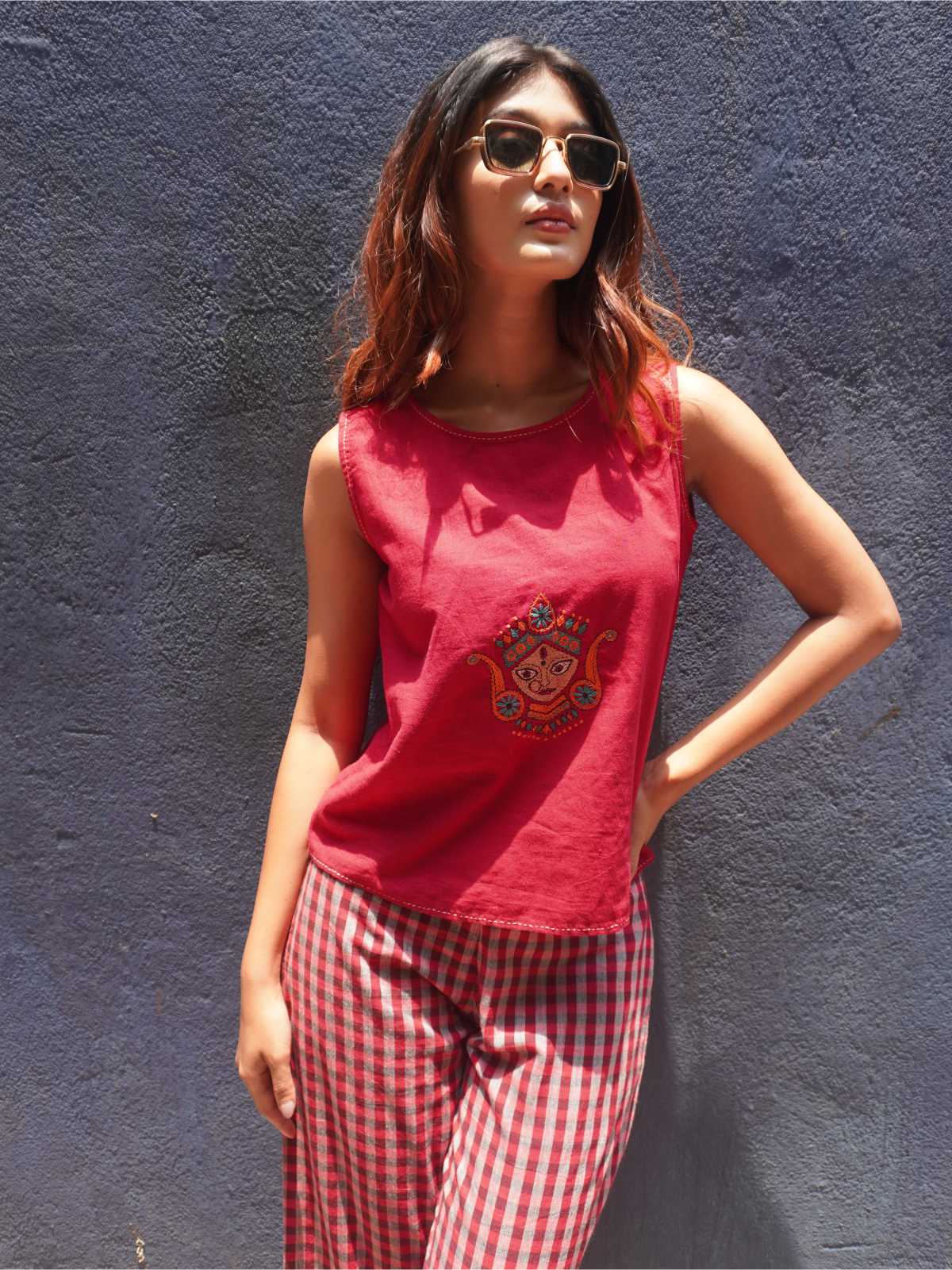 Red Khadi Top With Durga Hand Embroidery detailing
