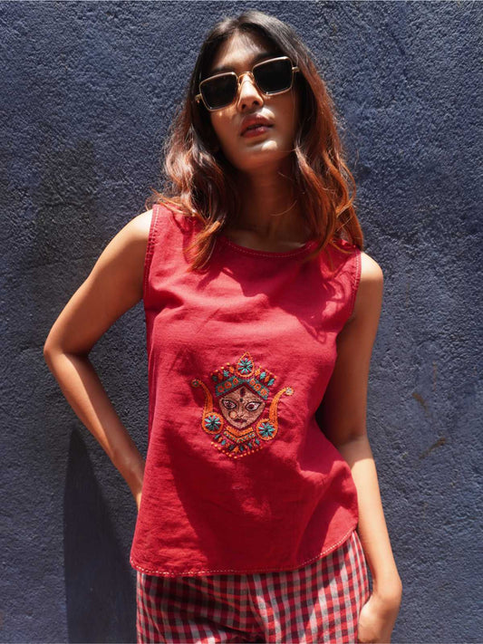 Red Khadi Top With Durga Hand Embroidery detailing
