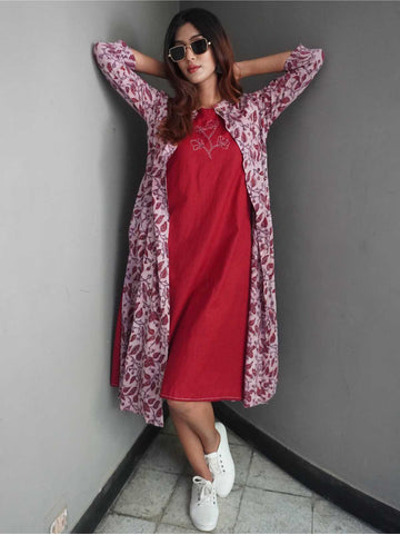 Maroon Hand Embroidery Sleeveless Dress With Long Ajrakh Kalidar Jacket