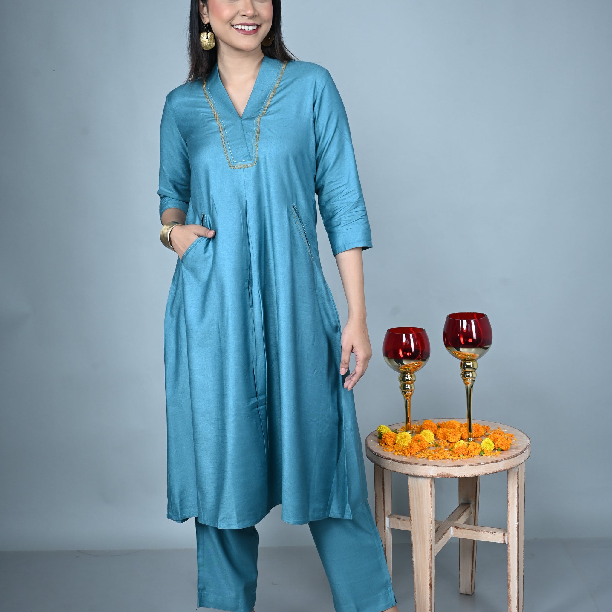 Teal Silk Slub Kurta with Hand Embroidery and Teal Silk Slub Pants Co-ord Set (set of 2)