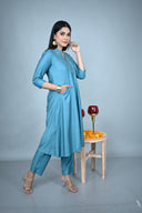Teal Hand Embroidered Silk Slub Kurta