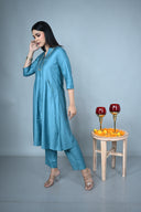 Teal Hand Embroidered Silk Slub Kurta