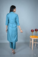 Teal Hand Embroidered Silk Slub Kurta