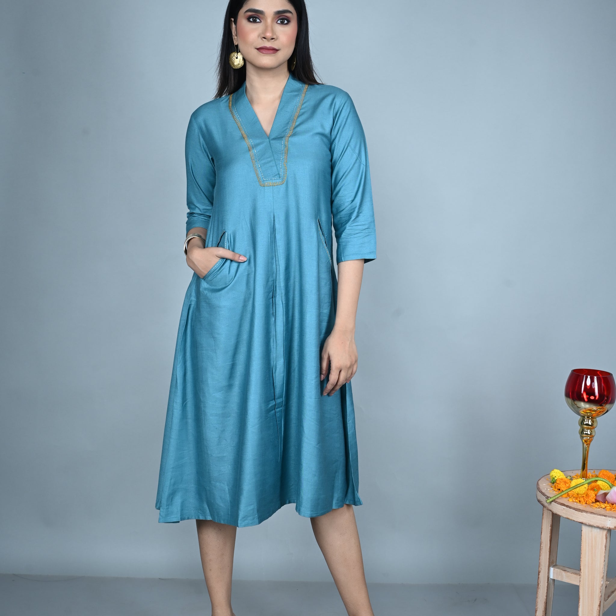 Teal Silk Slub Dress with Hand Embroidery Detailing