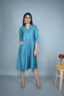 Teal Hand Embroidered Silk Slub Kurta