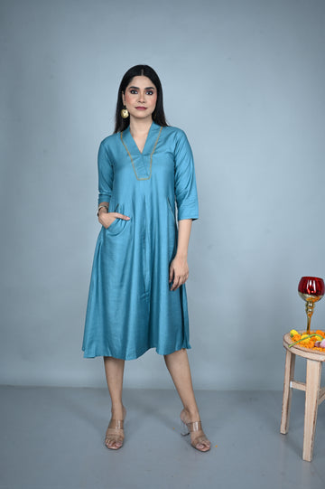 Teal Silk Slub Dress with Hand Embroidery Detailing