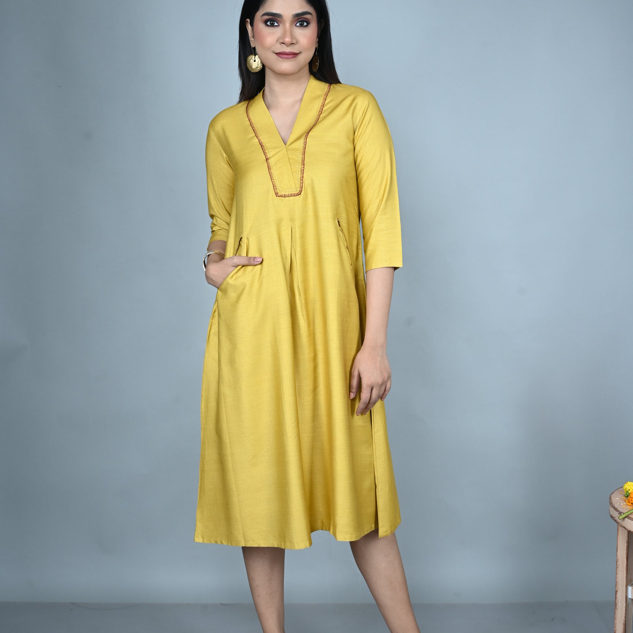 Yellow Silk Slub Dress with Hand Embroidery Detailing