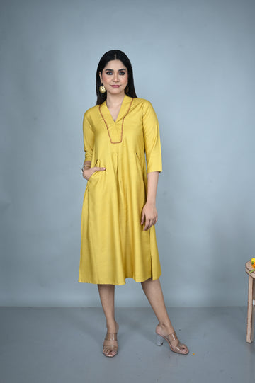 Yellow Silk Slub Dress with Hand Embroidery Detailing