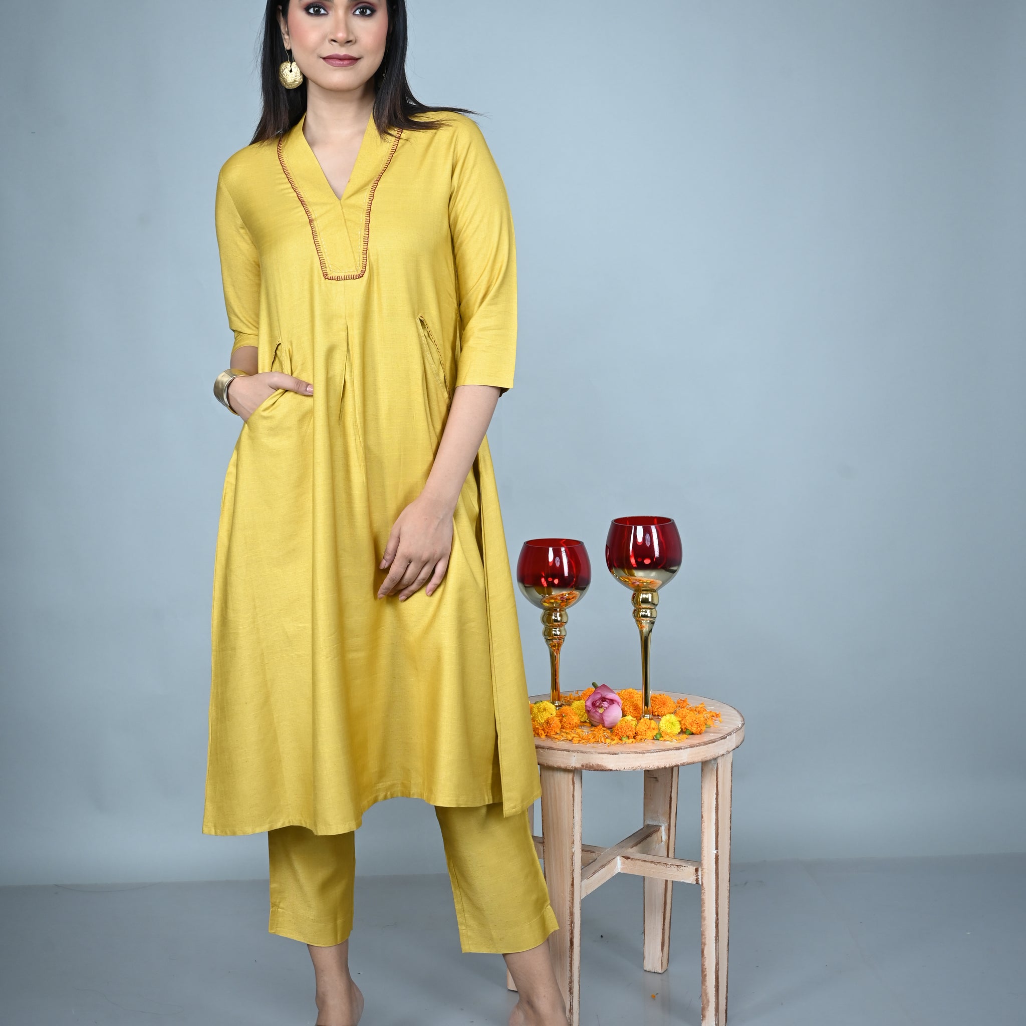 Yellow Silk Slub Kurta with Hand Embroidery and Yellow Silk Slub Pants Co-ord Set (set of 2)