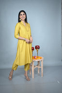Yellow Hand Embroidered Silk Slub Kurta