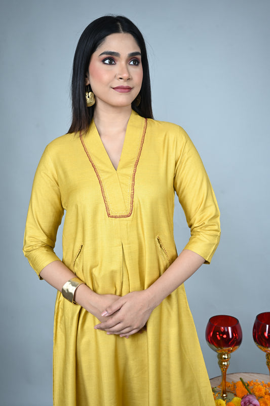 Yellow Silk Slub Dress with Hand Embroidery Detailing