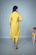 Yellow Hand Embroidered Silk Slub Kurta