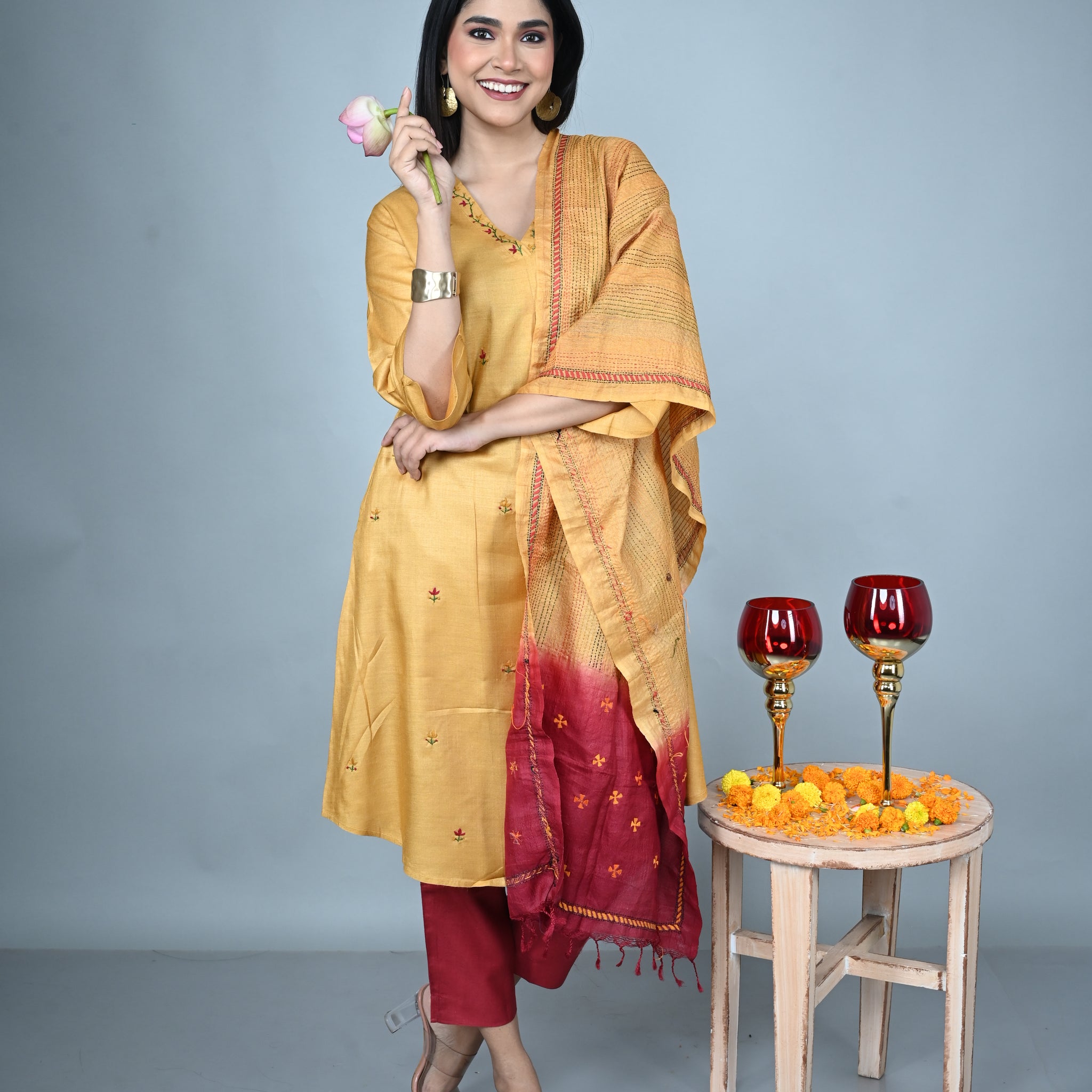 Mustard Yellow Tassar Silk A-line Kurta with Floral Hand Embroidery