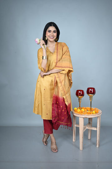 Mustard Yellow Tassar Silk A-line Kurta with Floral Hand Embroidery