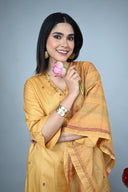 Mustard Hand Embroidered Tassar Silk A-line Kurta