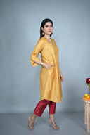 Mustard Hand Embroidered Tassar Silk A-line Kurta