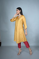 Mustard Hand Embroidered Tassar Silk A-line Kurta