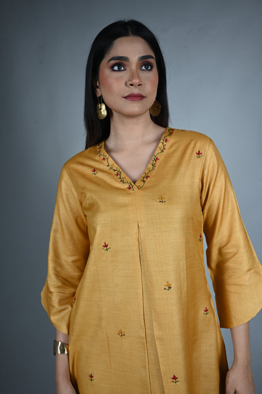 Mustard Yellow Tassar Silk A-line Kurta with Floral Hand Embroidery