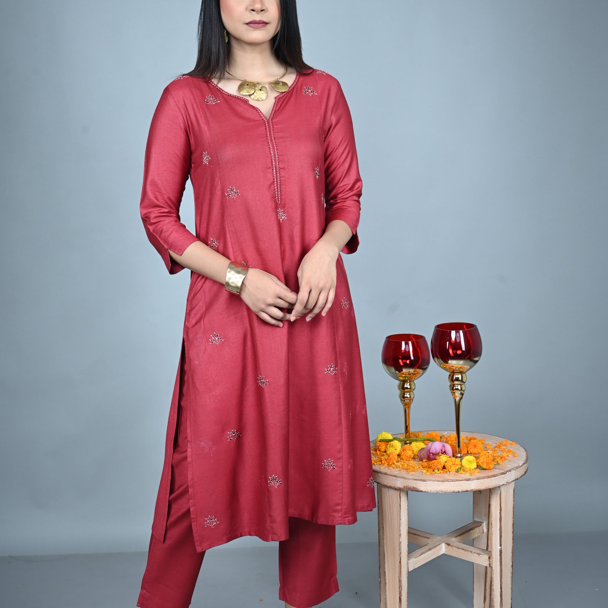 Red Silk Slub Kurta with Hand Embroidered Yoke and Silk Slub Pants Co-ord Set (set of 2)