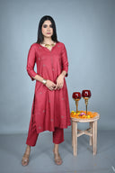 Red & Gold All-Over Hand Embroidered Silk Slub Kurta Set (set of 2)