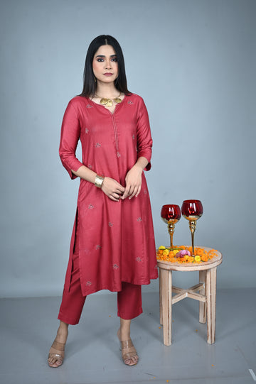 Red Silk Slub Kurta with Hand Embroidered Yoke and Silk Slub Pants Co-ord Set (set of 2)