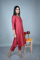 Red & Gold All-Over Hand Embroidered Silk Slub Kurta Set (set of 2)