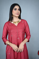 Red & Gold All-Over Hand Embroidered Silk Slub Kurta Set (set of 2)