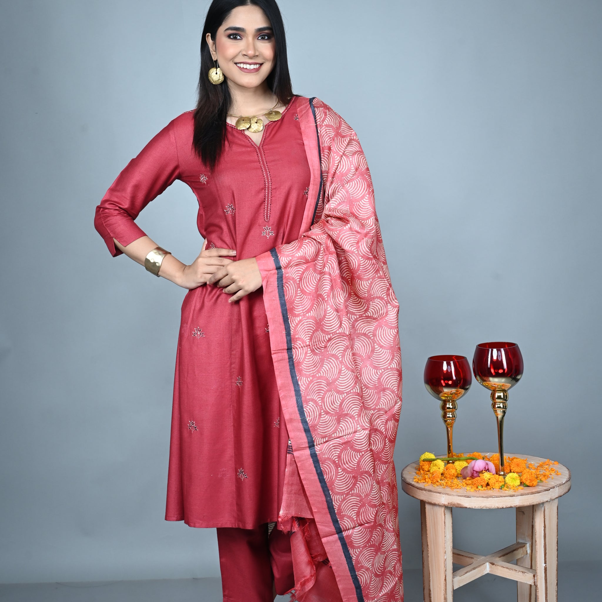 Red Tassar Dupatta with Hand Block Print