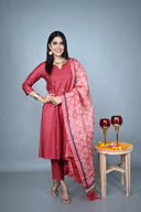 Red & Gold All-Over Hand Embroidered Silk Slub Kurta Set (set of 2)
