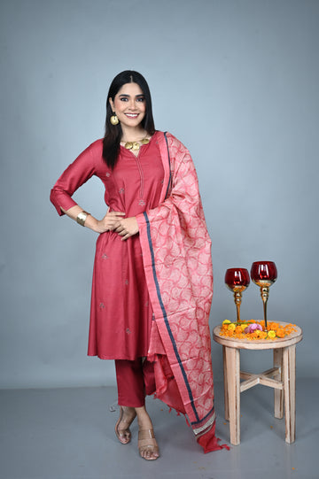 Red Tassar Dupatta with Hand Block Print