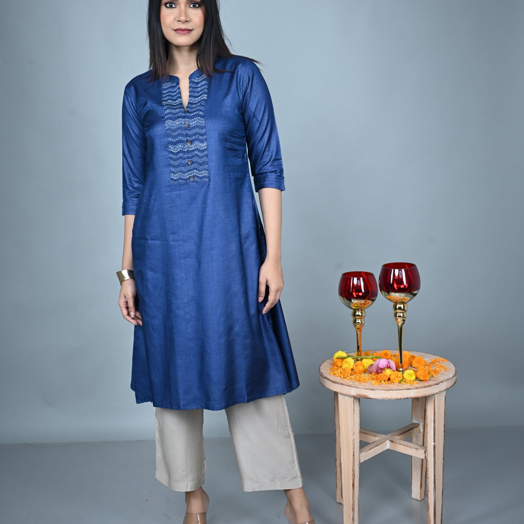 Blue Tassar Silk Kurta with Hand Embroidered Yoke and Silk Blend Pants Co-ord Set (set of 2)